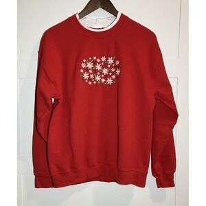 Womens L Red Sweatshirt Pullover Embroidered Daisy Ladybug Cottage Granny Whimsy
